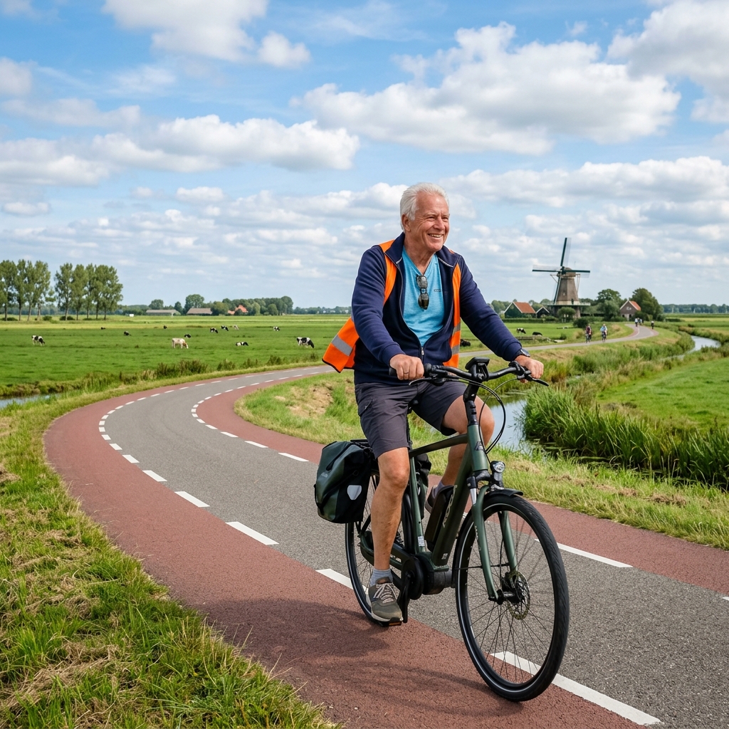 Senior fietst door Nederlands landschap